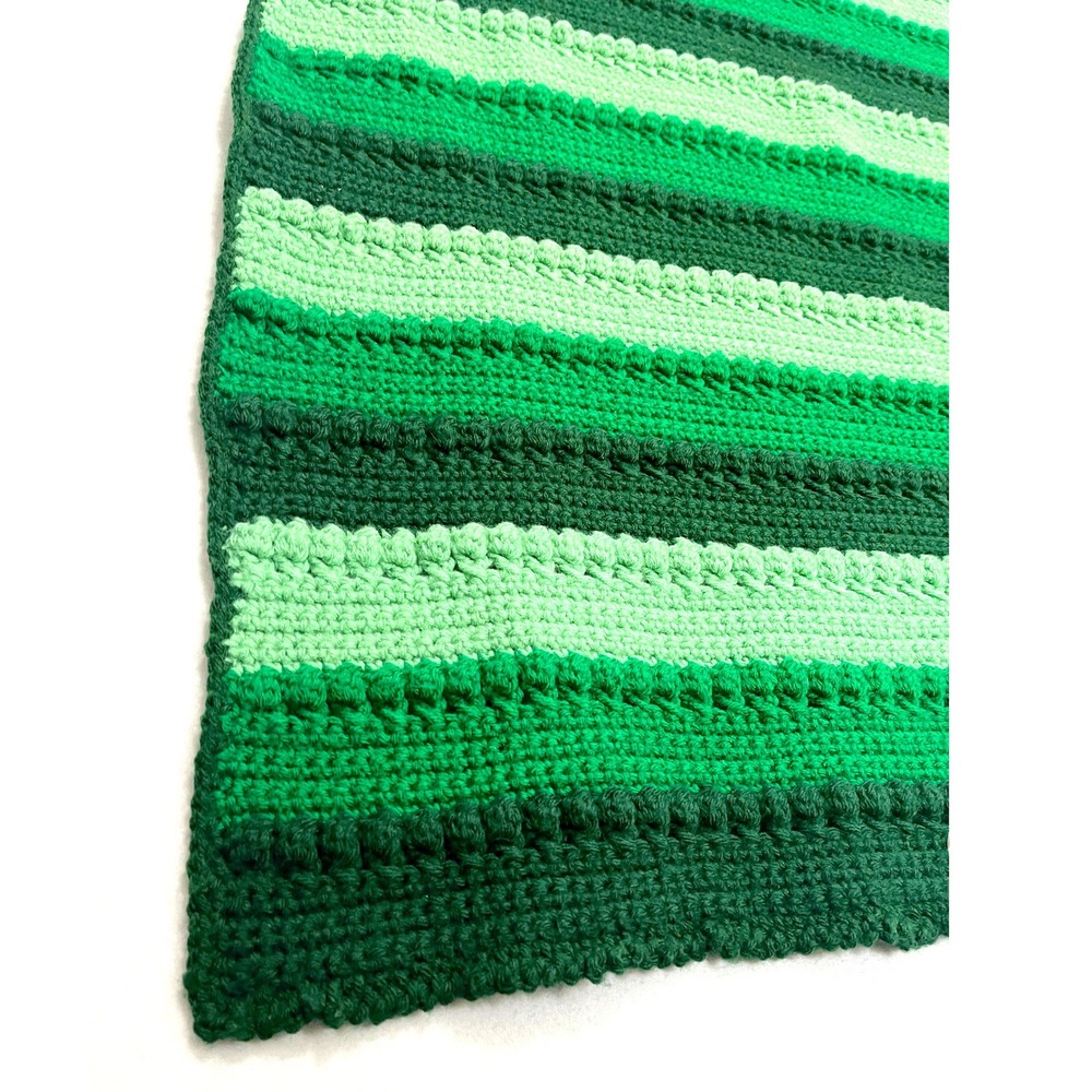 Handmade Crochet Throw Blanket Green Striped Bobble Stitch Afghan 37x50 Boho - Picture 4 of 7